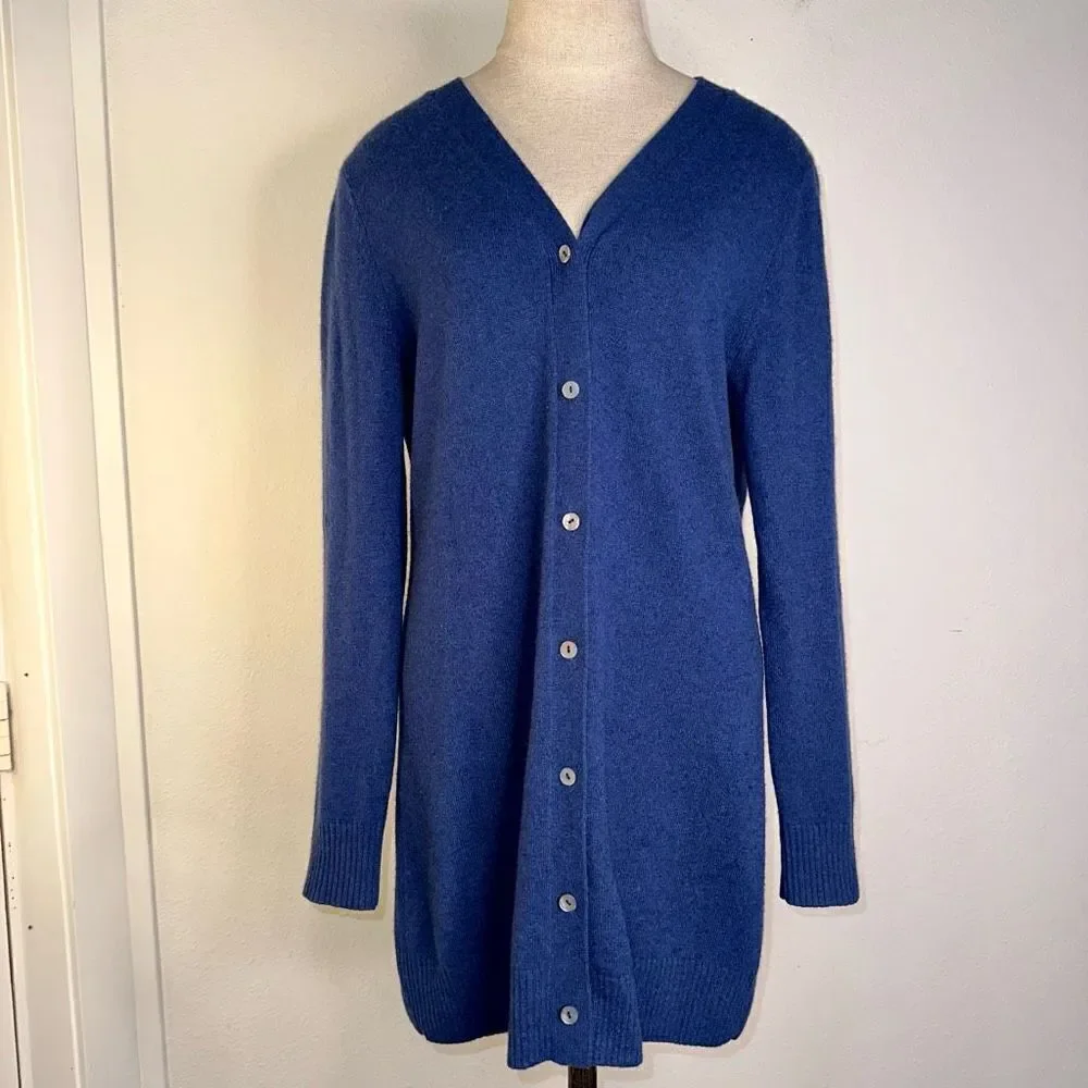 Precious Fibers Womens‎ S 100% Cashmere Navy Blue Longline Button Down Cardigan